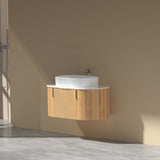 750-1200mm Carysil Walnut Plywood Wall Hung Floating Vanity Fluted with 12 O'clock Tap Hole & Center Waste Hole Stone Top Brushed Gold Handle