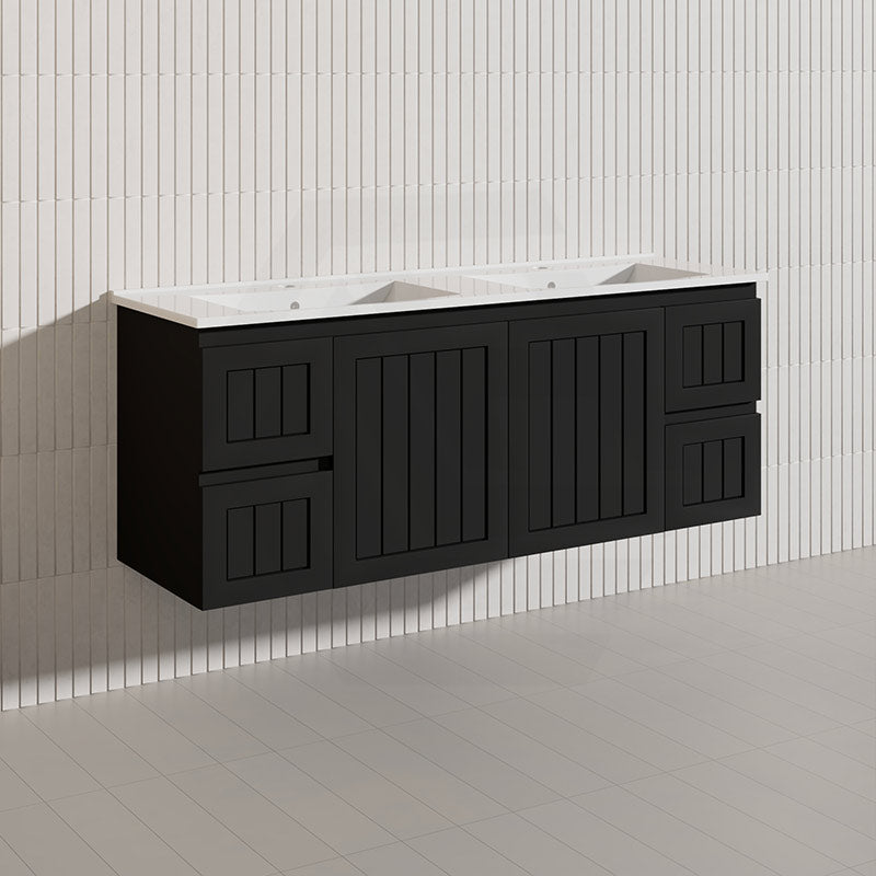 1500mm Hampton Wall Hung Single/Double Vanity PVC Board Matt White/Black Linear Surface