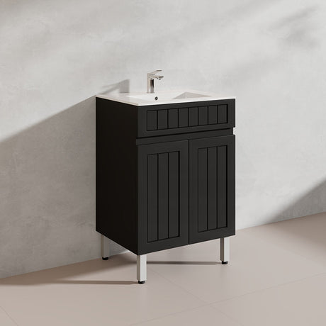 600mm Hampton Freestanding Vanity PVC Board Matt Black/White Linear Surface