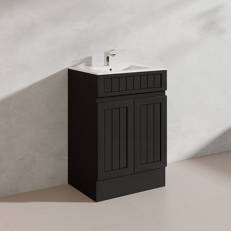 600mm Hampton Freestanding Vanity PVC Board Matt Black/White Linear Surface