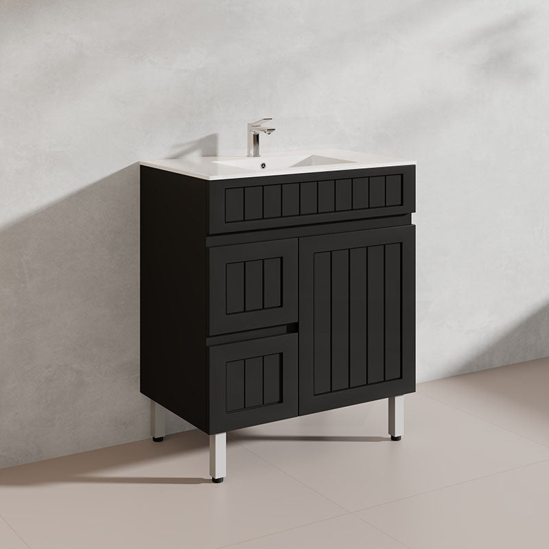 750mm Hampton Freestanding Vanity PVC Board Matt Black/White Linear Surface