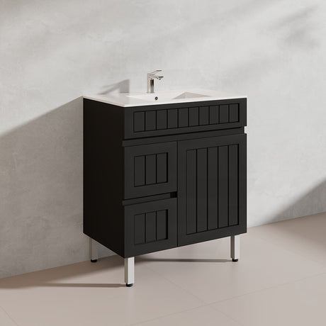 750mm Hampton Freestanding Vanity PVC Board Matt Black/White Linear Surface