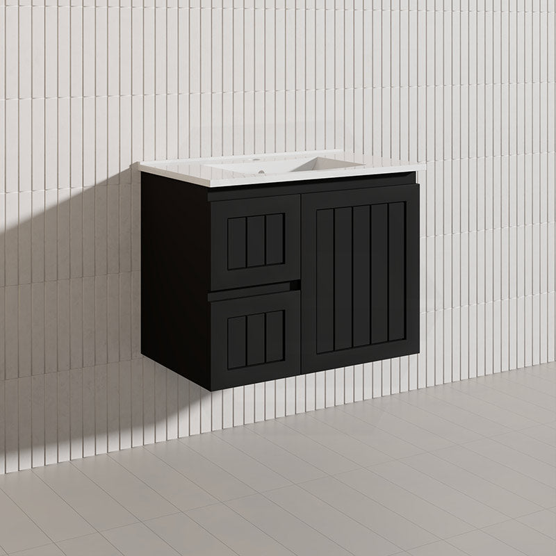 750mm Hampton Wall Hung Vanity PVC Board Matt White/Black Linear Surface