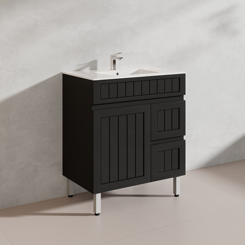 750mm Hampton Freestanding Vanity PVC Board Matt Black/White Linear Surface