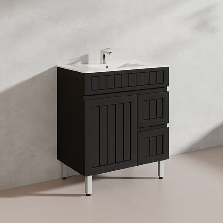 750mm Hampton Freestanding Vanity PVC Board Matt Black/White Linear Surface