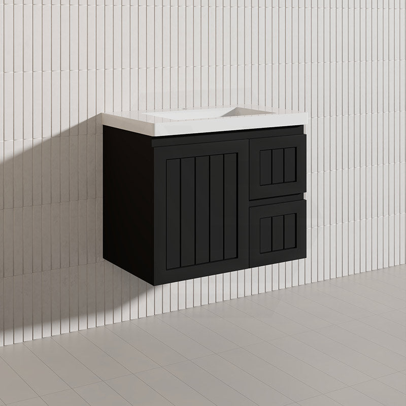 750mm Hampton Wall Hung Vanity PVC Board Matt White/Black Linear Surface