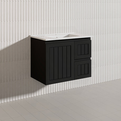 750mm Hampton Wall Hung Vanity PVC Board Matt White/Black Linear Surface