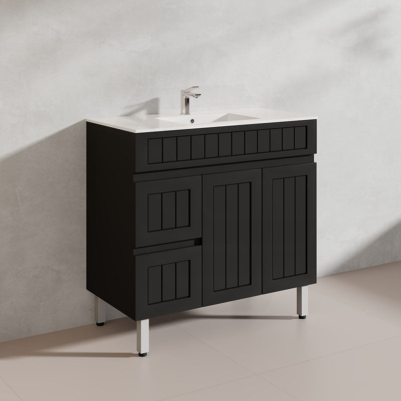 900mm Hampton Freestanding Vanity PVC Board Matt Black/White Linear Surface