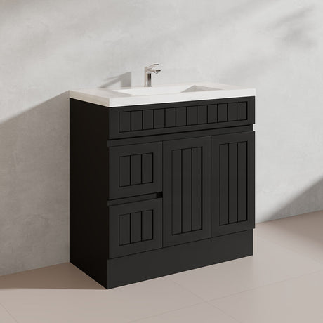 900mm Hampton Freestanding Vanity PVC Board Matt Black/White Linear Surface