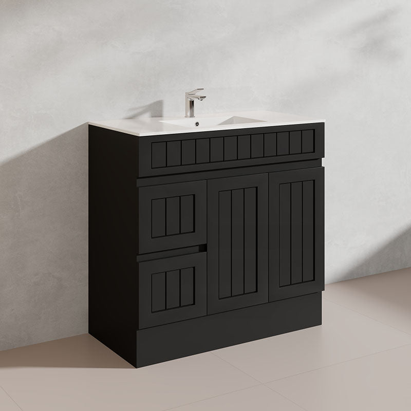 900mm Hampton Freestanding Vanity PVC Board Matt Black/White Linear Surface