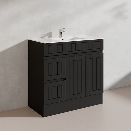900mm Hampton Freestanding Vanity PVC Board Matt Black/White Linear Surface