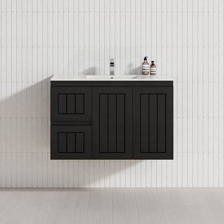 600/750/900/1200/1500mm Hampton Wall Hung Vanity PVC Board Matt Black Linear Surface