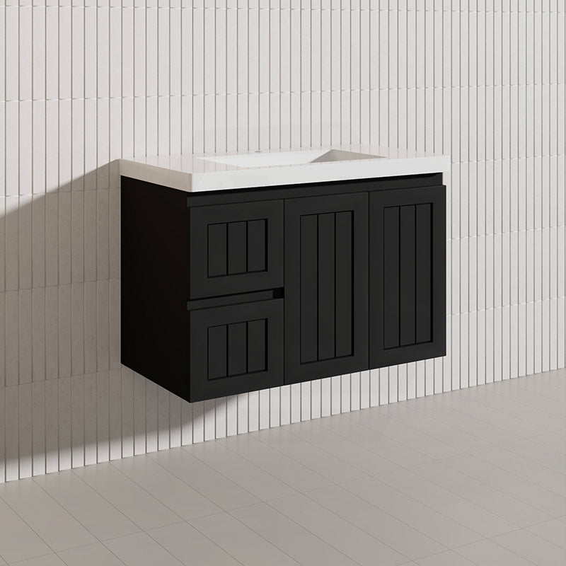 900mm Hampton Wall Hung Vanity PVC Board Matt White/Black Linear Surface