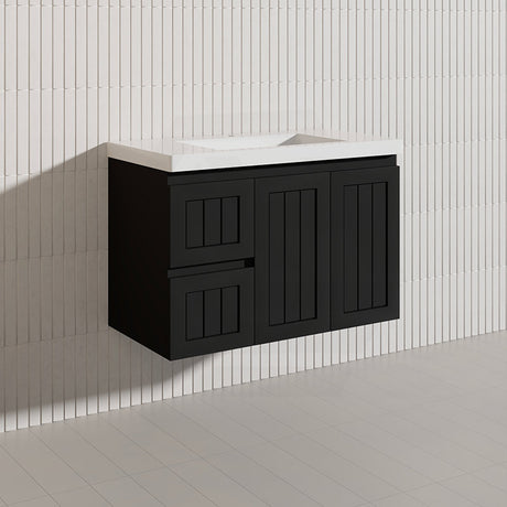 900mm Hampton Wall Hung Vanity PVC Board Matt White/Black Linear Surface