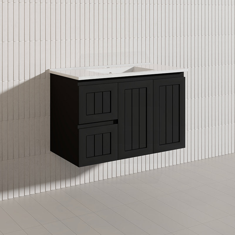 900mm Hampton Wall Hung Vanity PVC Board Matt White/Black Linear Surface