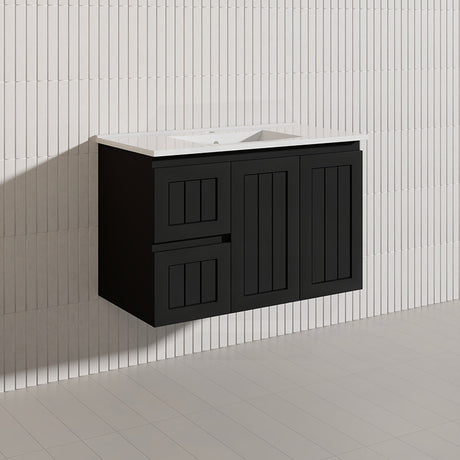 900mm Hampton Wall Hung Vanity PVC Board Matt White/Black Linear Surface