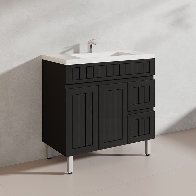 900mm Hampton Freestanding Vanity PVC Board Matt Black/White Linear Surface