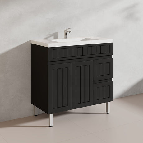 900mm Hampton Freestanding Vanity PVC Board Matt Black/White Linear Surface
