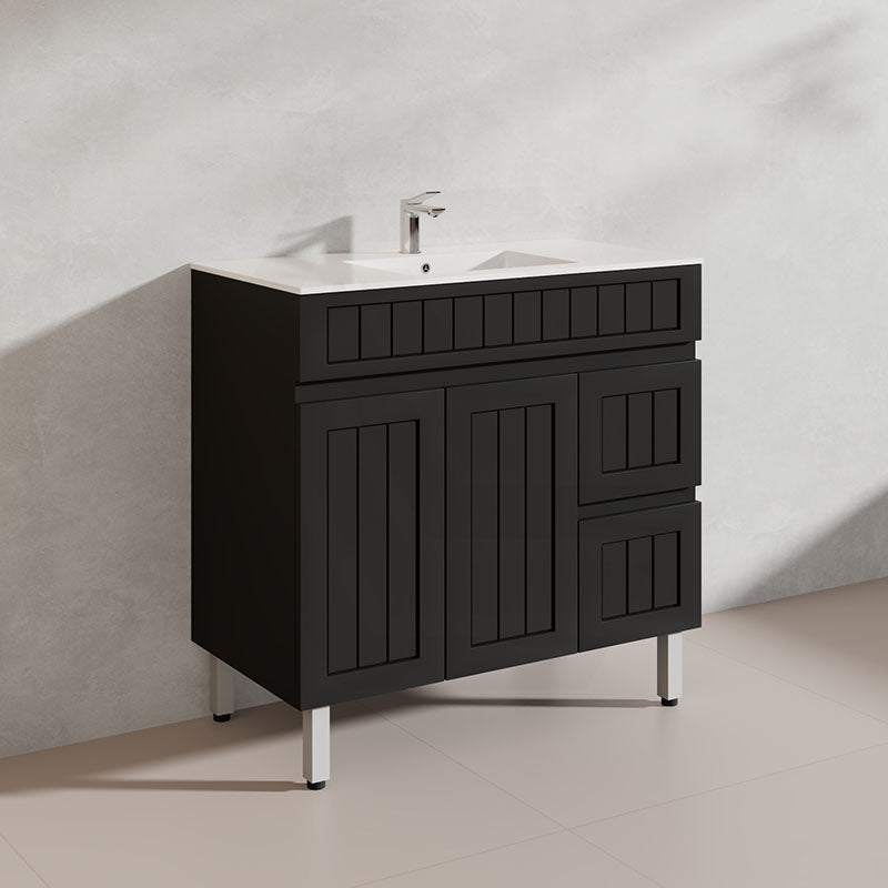 900mm Hampton Freestanding Vanity PVC Board Matt Black/White Linear Surface