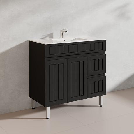 900mm Hampton Freestanding Vanity PVC Board Matt Black/White Linear Surface