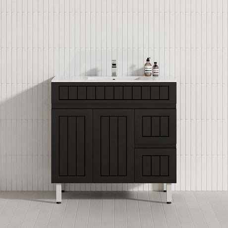 600/750/900/1200/1500mm Hampton Freestanding With Legs Vanity PVC Board Matt Black Linear Surface