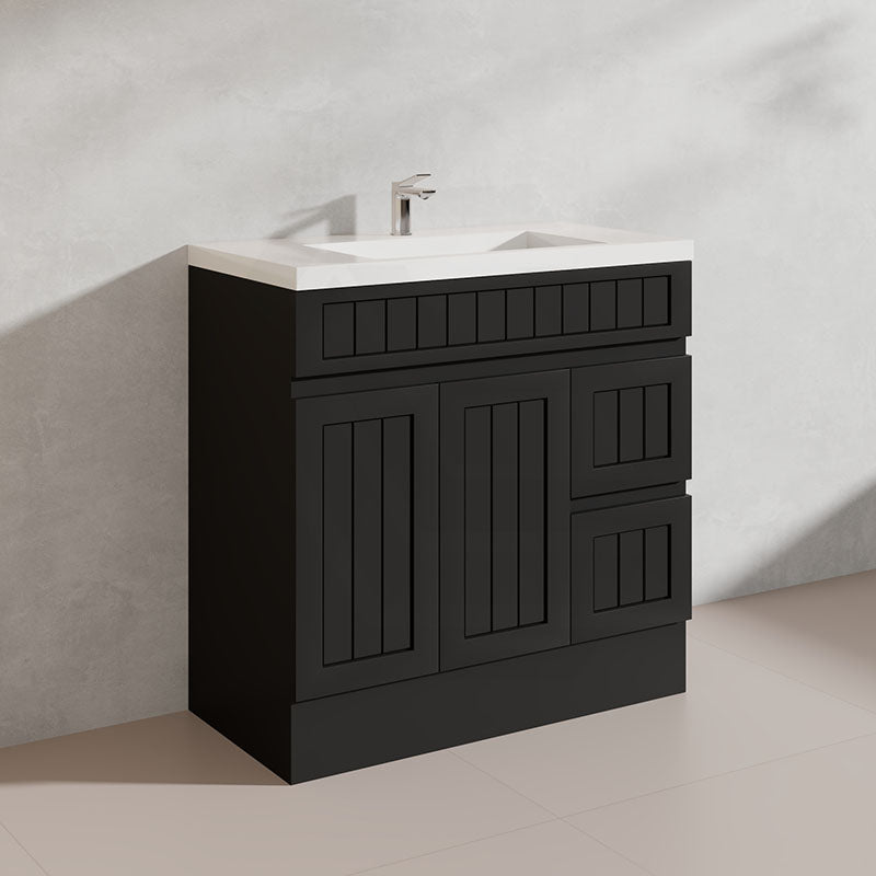 900mm Hampton Freestanding Vanity PVC Board Matt Black/White Linear Surface