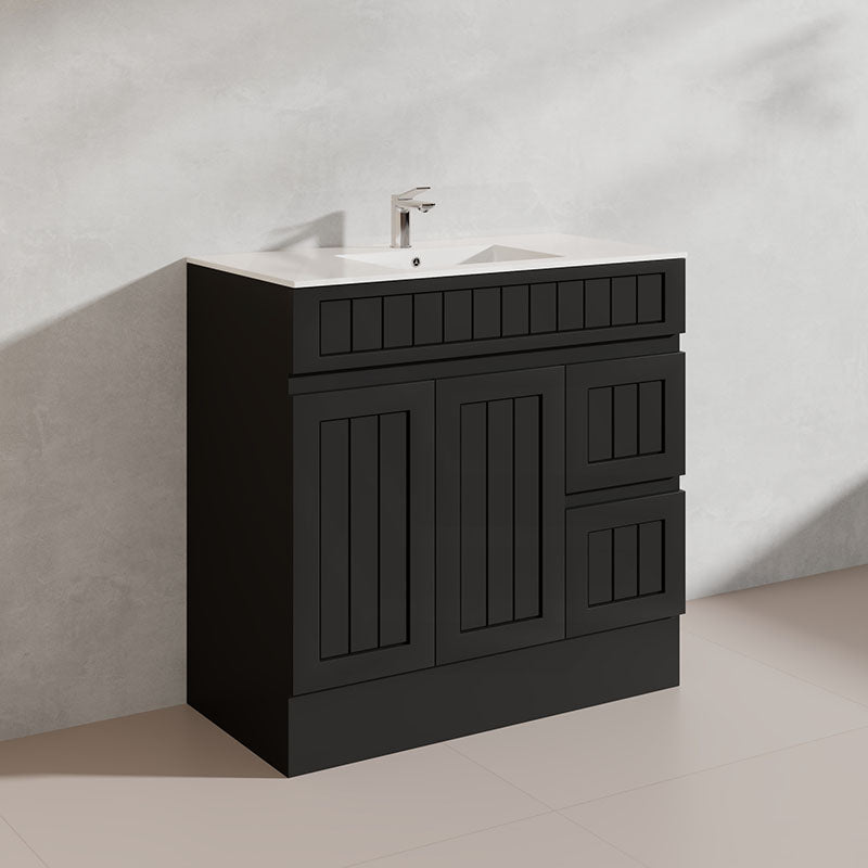 900mm Hampton Freestanding Vanity PVC Board Matt Black/White Linear Surface
