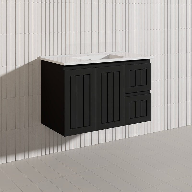 900mm Hampton Wall Hung Vanity PVC Board Matt White/Black Linear Surface