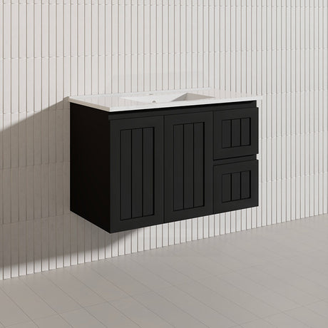 900mm Hampton Wall Hung Vanity PVC Board Matt White/Black Linear Surface