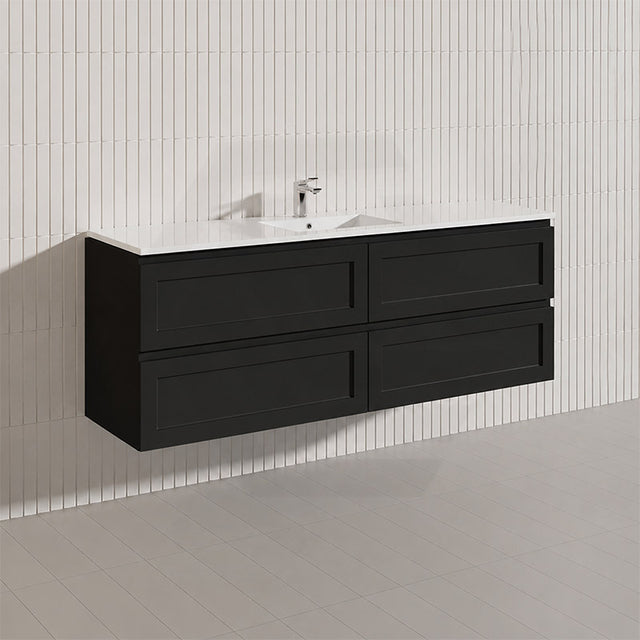 600-1500Mm Wall Hung Pvc Vanity With Matt Black Finish For Bathroom Cabinet Only&Ceramic/Poly Top
