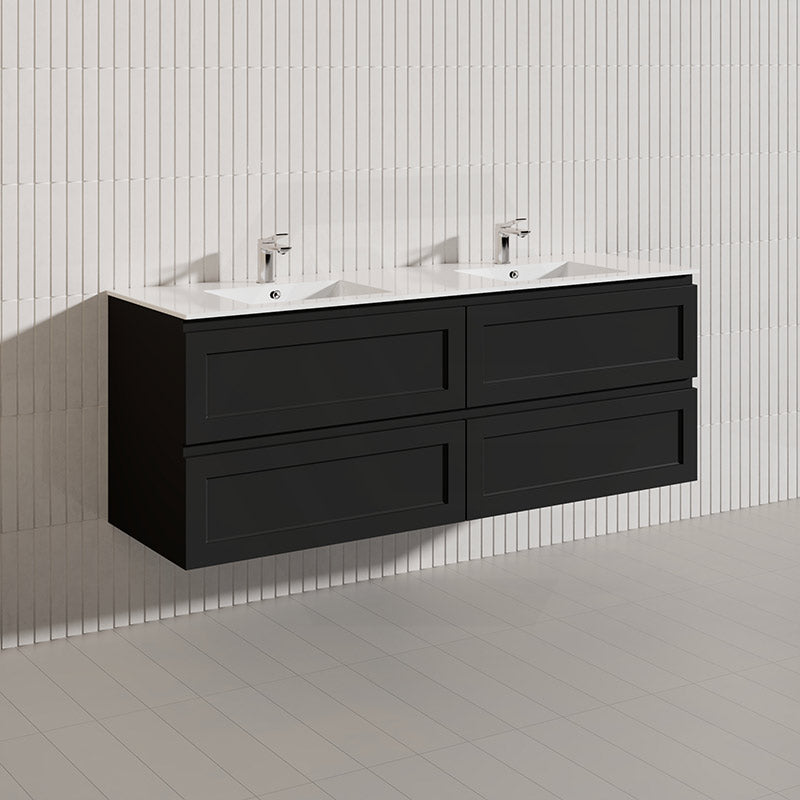 600-1500mm Ceto Fremantle Bathroom Wall Hung PVC Vanity Matt Black Finish Ceramic/Poly Top Available