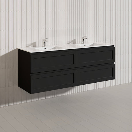 600-1500mm Ceto Fremantle Bathroom Wall Hung PVC Vanity Matt Black Finish Ceramic/Poly Top Available