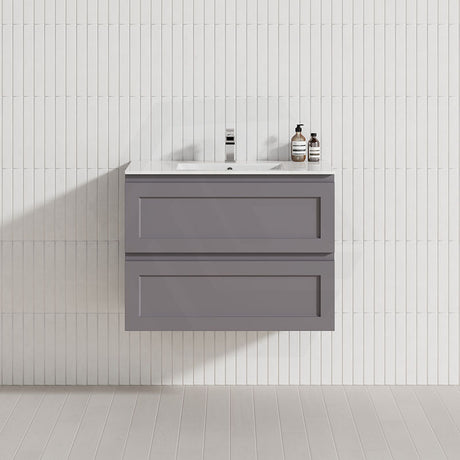 600-1500Mm Wall Hung Pvc Vanity With Matt Grey Finish For Bathroom Cabinet Only&Ceramic/Poly Top