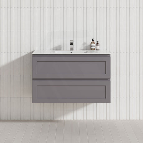 600-1500Mm Wall Hung Pvc Vanity With Matt Grey Finish For Bathroom Cabinet Only&Ceramic/Poly Top