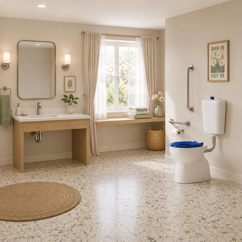 Special Care Connector Toilet Suite Disabled Box Rim Flushing Ceramic White Bottom inlet 805x350x1080mm - Gloss White