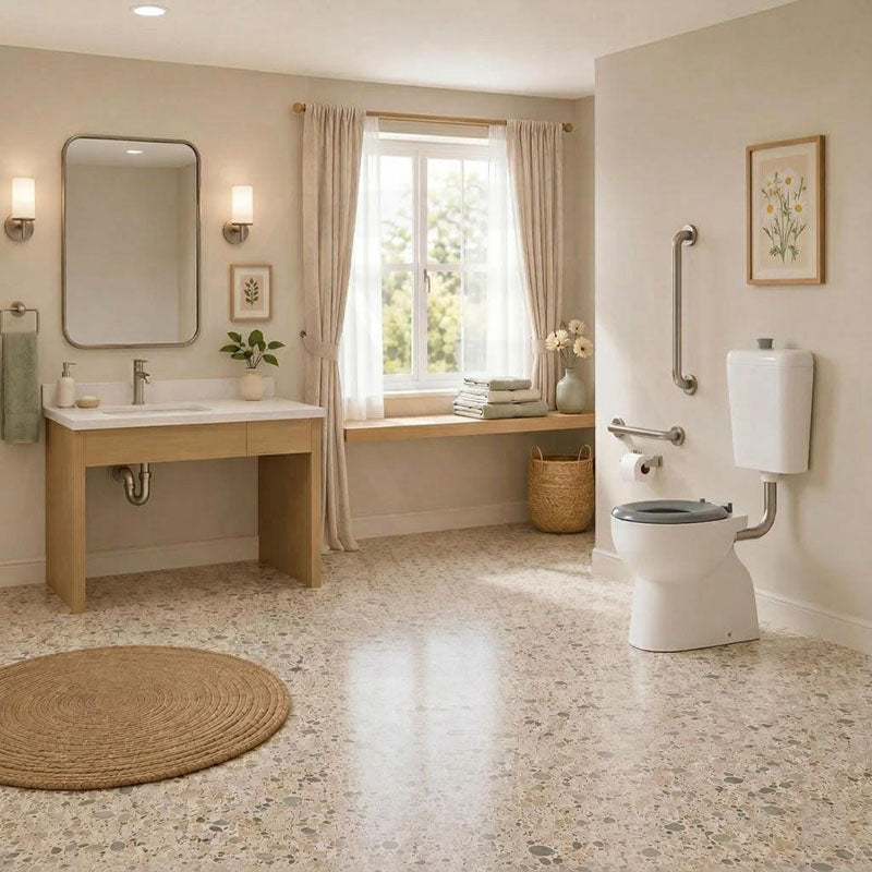 Special Care Connector Toilet Suite Disabled Box Rim Flushing Ceramic White Bottom inlet 805x350x1080mm - Gloss White