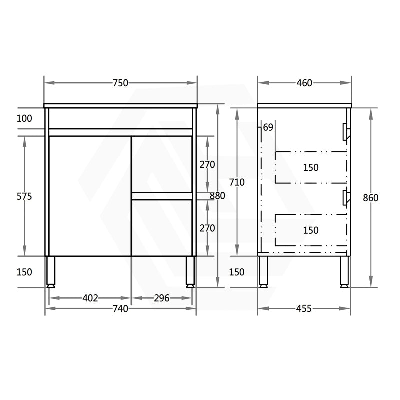750mm Polar Freestanding PVC Vanity with Legs Right Drawers Cabinet ONLY - Gloss White
