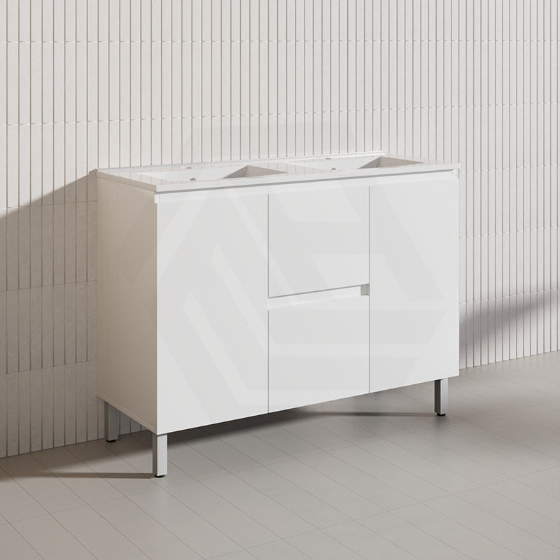 1200mm Freestanding PVC Vanity with Gloss White Finish Middle Drawers Double Bowls Cabinet ONLY for Bathroom
