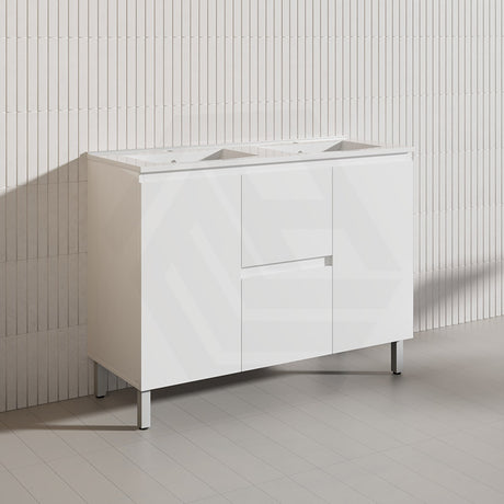 1200mm Freestanding PVC Vanity with Gloss White Finish Middle Drawers Double Bowls Cabinet ONLY for Bathroom