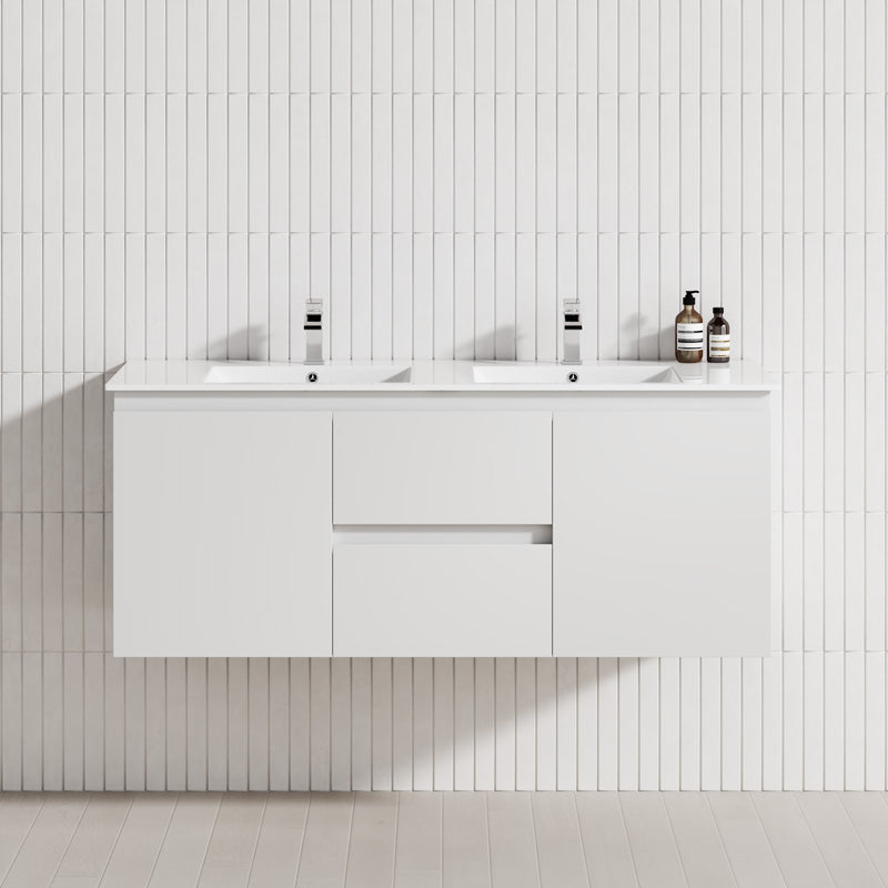 1200Mm Wall Hung Pvc Vanity With Gloss White Finish Double Bowls Cabinet Only For Bathroom