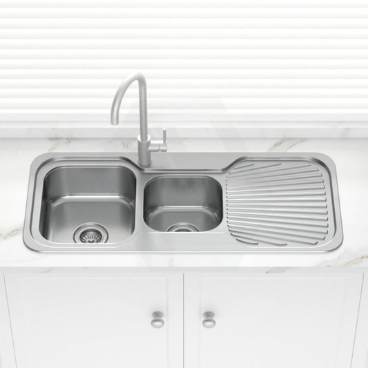 Stainless Steel Kitchen Sink Double Bowls Drainboard Left Right 1080mm