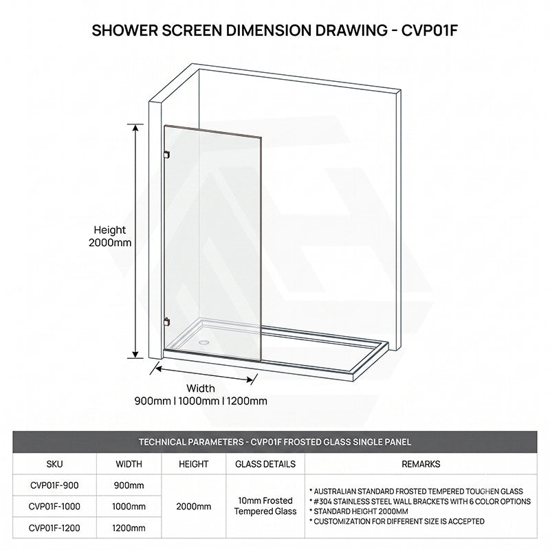 Frameless Walk-in Fixed Panel 10mm Frosted Glass with L Brackets 900/1000/1200x2000mm - Variant Colour Fittings