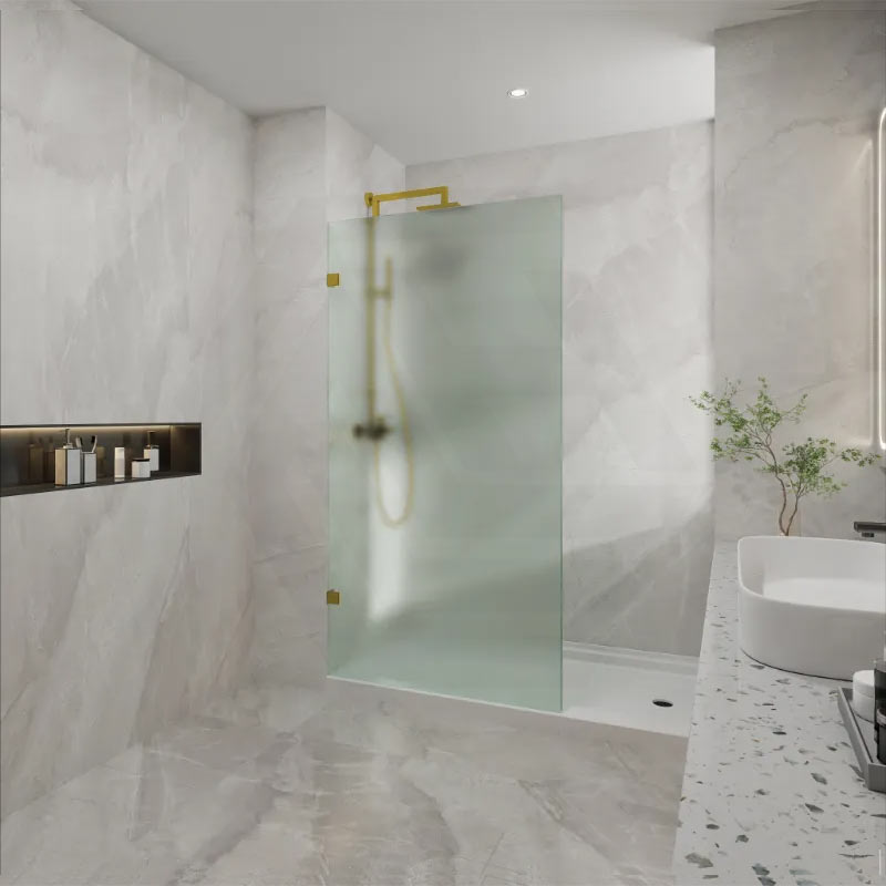 Frameless Walk-in Fixed Panel 10mm Frosted Glass with L Brackets 900/1000/1200x2000mm - Variant Colour Fittings