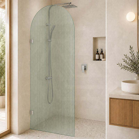 Arch Fluted Frameless Shower Screen Fixed Panel 10mm Tempered Glass 700/800/900/1000x2200mm - Variant Colour Fittings