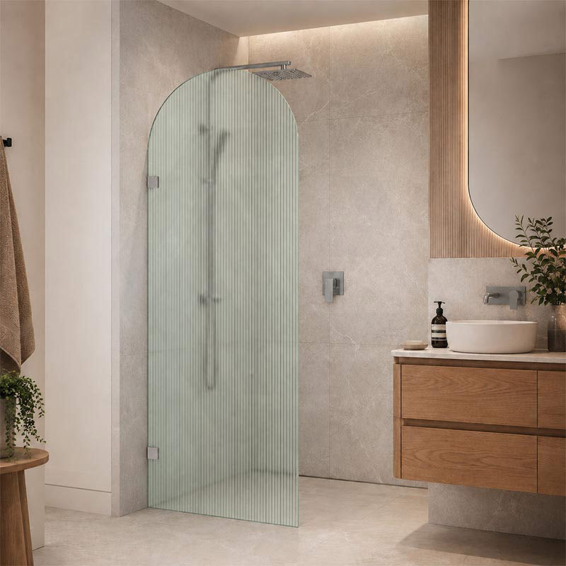 Arch Fluted Frameless Shower Screen Fixed Panel 10mm Tempered Glass 700/800/900/1000x2200mm - Variant Colour Fittings