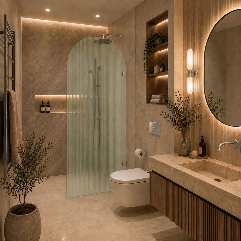 Arch Fluted Frameless Shower Screen Fixed Panel 10mm Tempered Glass 700/800/900/1000x2200mm - Variant Colour Fittings