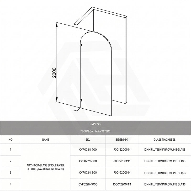 Arch Fluted Frameless Shower Screen Fixed Panel 10mm Tempered Glass 700/800/900/1000x2200mm - Variant Colour Fittings