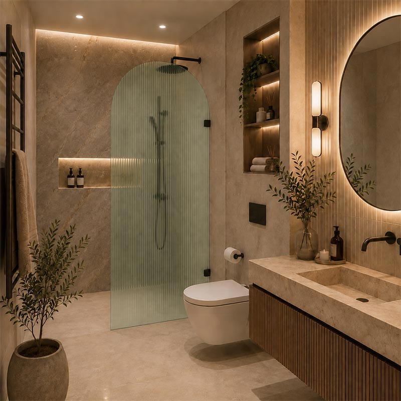 Arch Fluted Frameless Shower Screen Fixed Panel 10mm Tempered Glass 700/800/900/1000x2200mm - Variant Colour Fittings