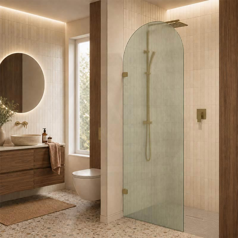 Arch Fluted Frameless Shower Screen Fixed Panel 10mm Tempered Glass 700/800/900/1000x2200mm - Variant Colour Fittings