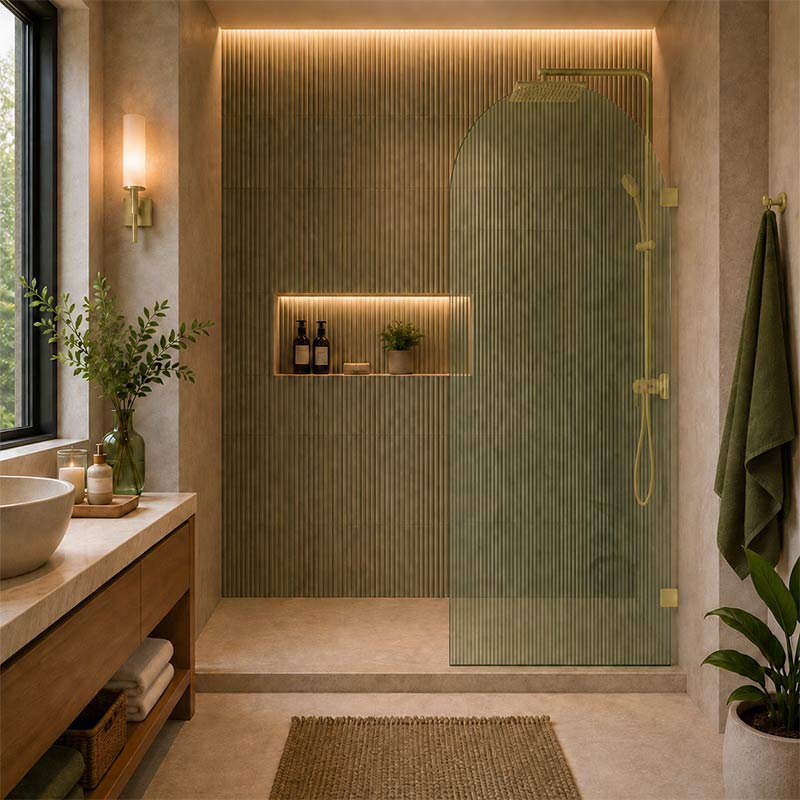 Arch Fluted Frameless Shower Screen Fixed Panel 10mm Tempered Glass 700/800/900/1000x2200mm - Variant Colour Fittings